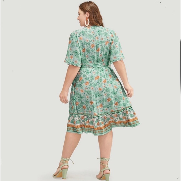 Bloomchic Bandana Print Pompom Trim Pocket Flutter Belted Wrap Dress - Picture 4 of 7